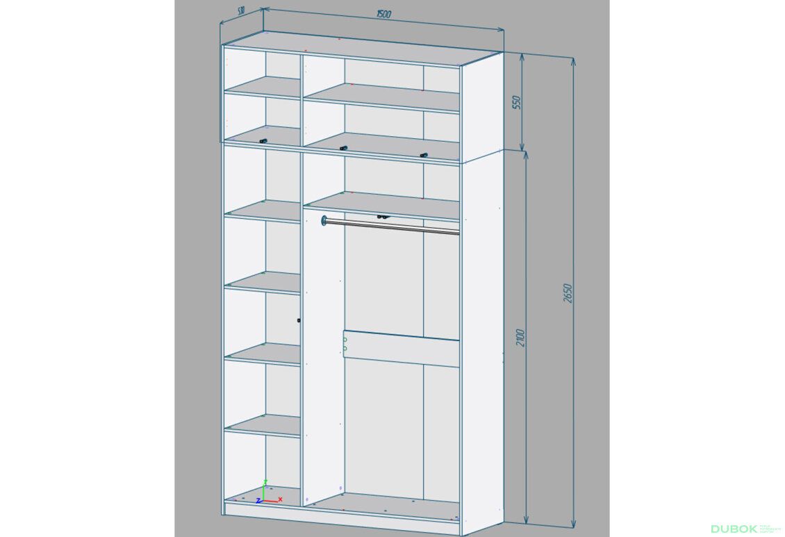 Obrázek 2 - Šatní skříň 3 150x53x265 k. Dřevotříska 16 mm Nymphea alba, f. MDF 16 mm barva Bílá matná, frézovaná. Linka + mýdlo