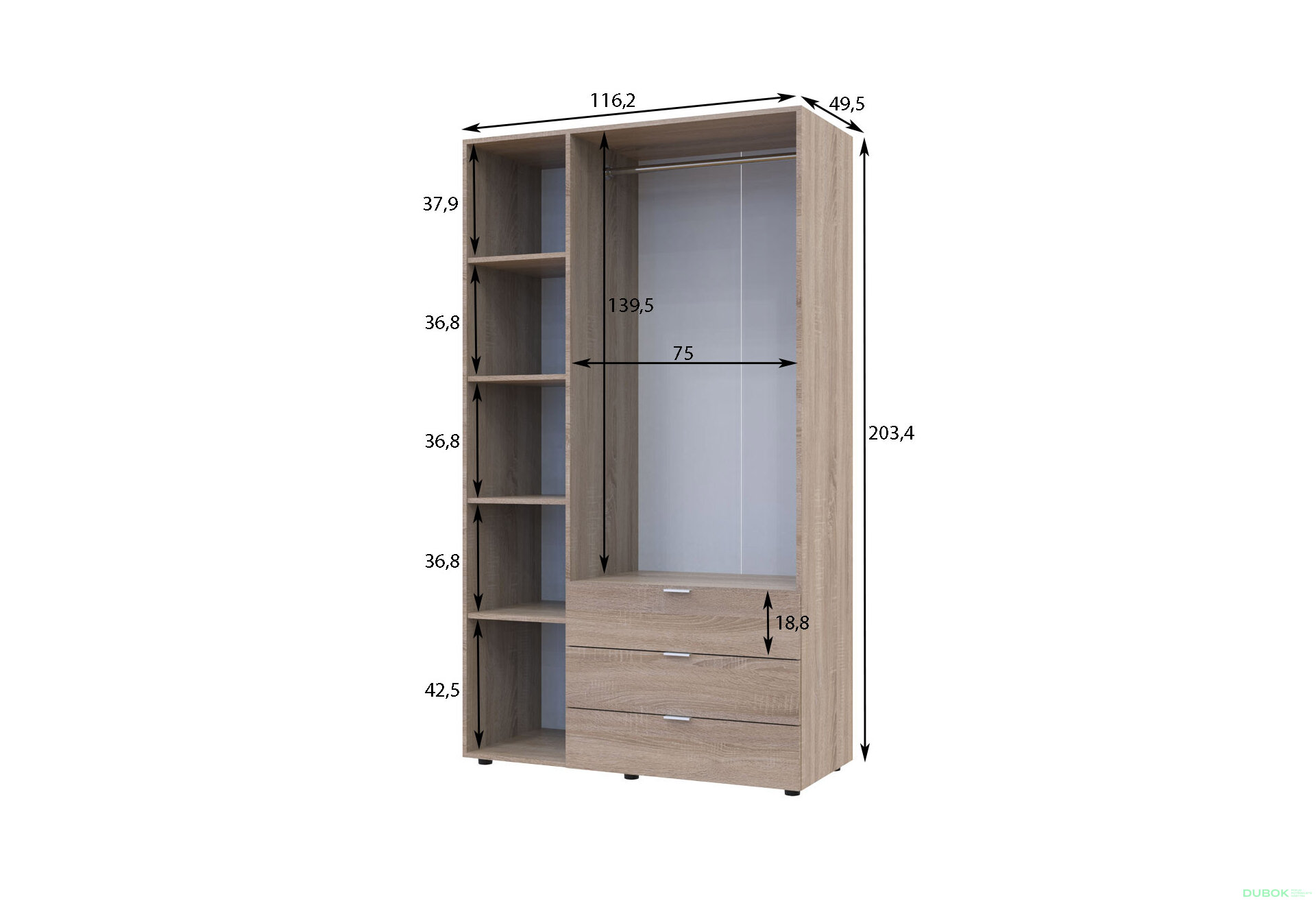 Obrázek 5 - Skříň třídveřová Gelar 116.2 cm Dub sonoma