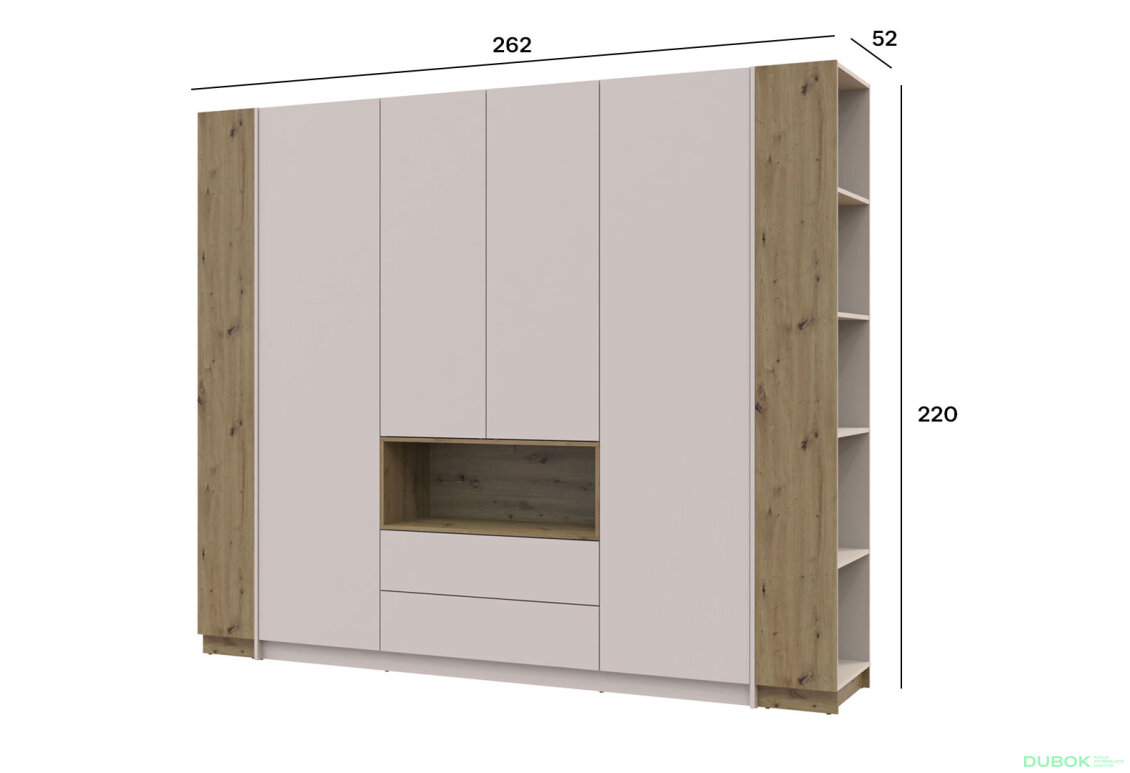 Obrázek 7 - Skříň Dale 4D + 2 Regál otevřený Kašmír/Dub artisan/Kašmír