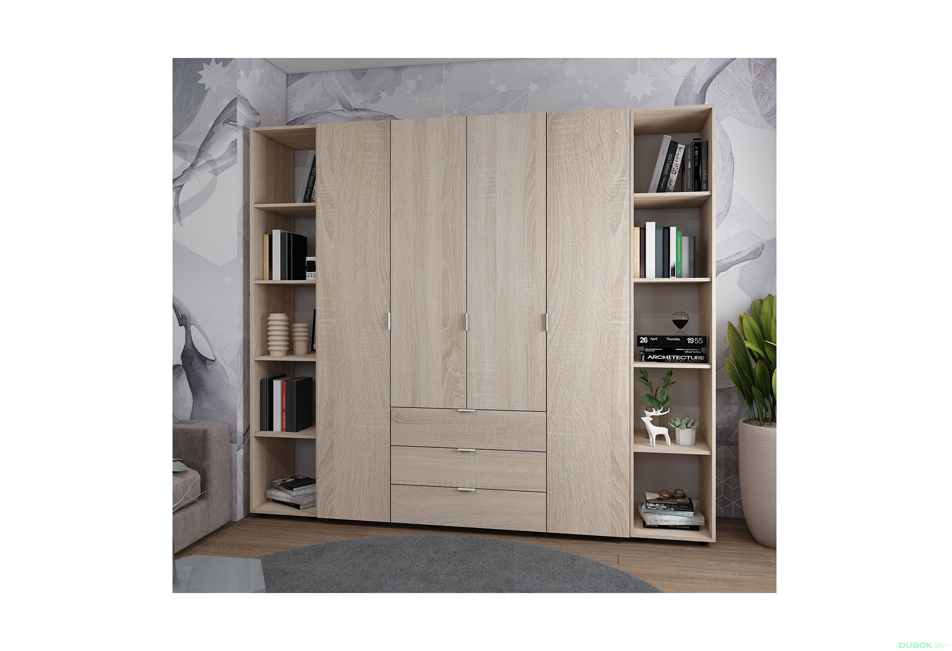 Obrázek 2 - Skříň čtyřdveřová se 2 regály Gelar 231.4 cm Dub sonoma
