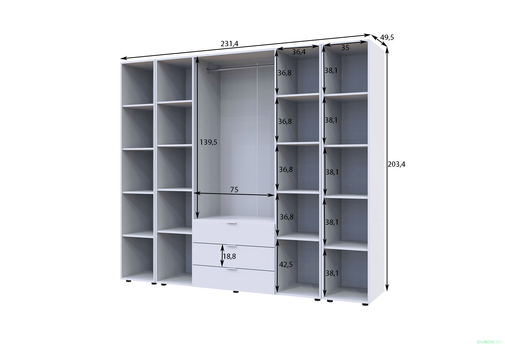 Obrázek 7 - Skříň čtyřdveřová se 2 regály Gelar 231.4 cm Dub sonoma