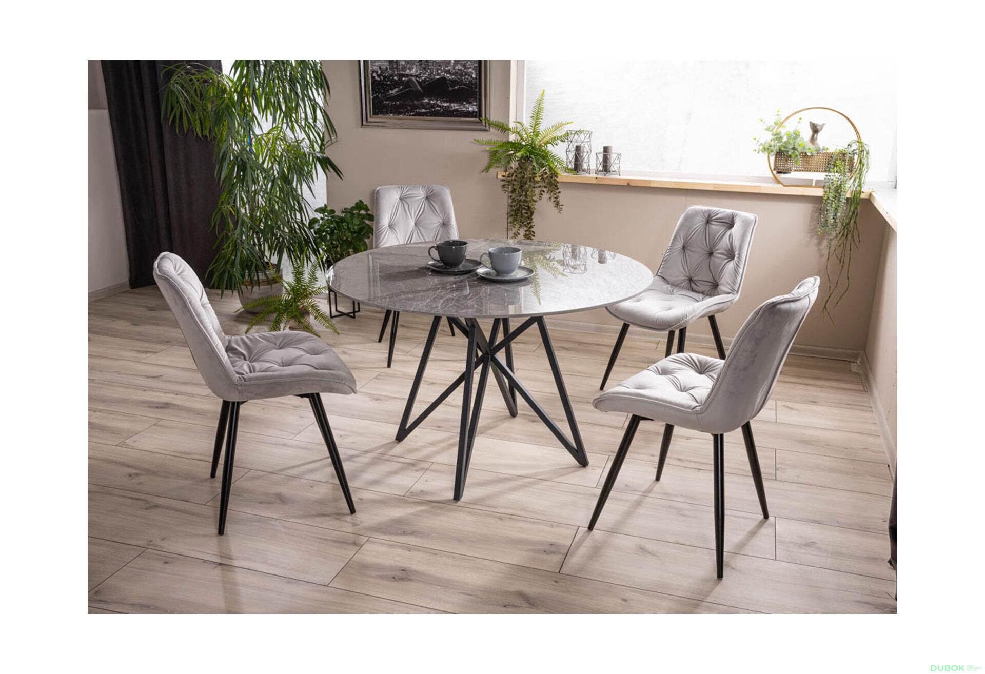 Obrázek 1 - Stůl Murano 120 šedý + 4 židle Cherry II Velvet světle šedý Bluvel 03