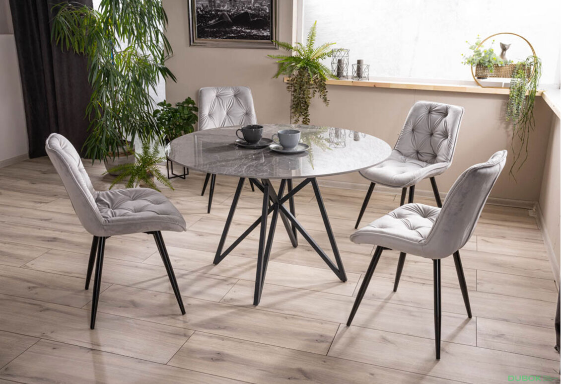 Stůl Murano 120 šedý + 4 židle Cherry II Velvet světle šedý Bluvel 03
