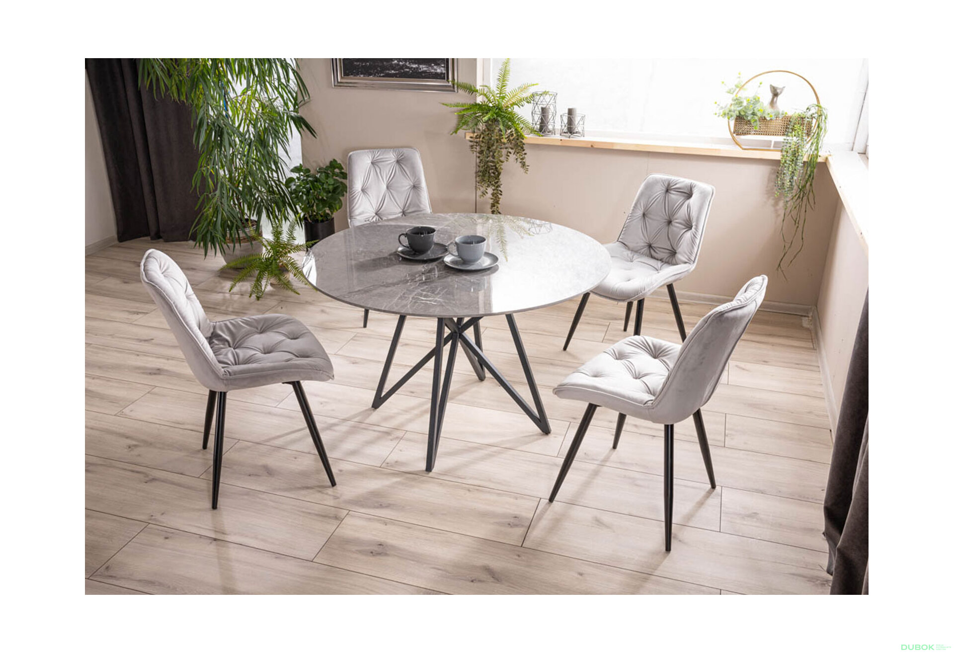 Obrázek 2 - Stůl Murano 120 šedý + 4 židle Cherry II Velvet světle šedý Bluvel 03