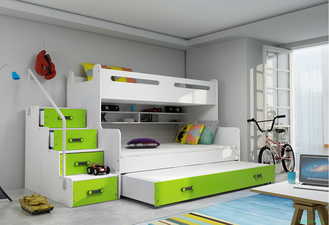 Obrázek 2 - Patrová postel Max 3 pro tři osoby bílé / zelený 80x200 / 120x200 / 80x190, s roštem, matrací