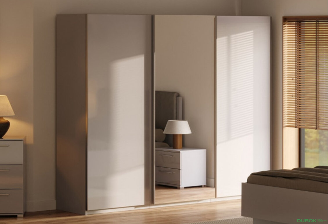 Obrázek 2 - Skříň s posuvnými dveřmi 2,5x2,1 m lesklá šedá / zrcadlo Megy