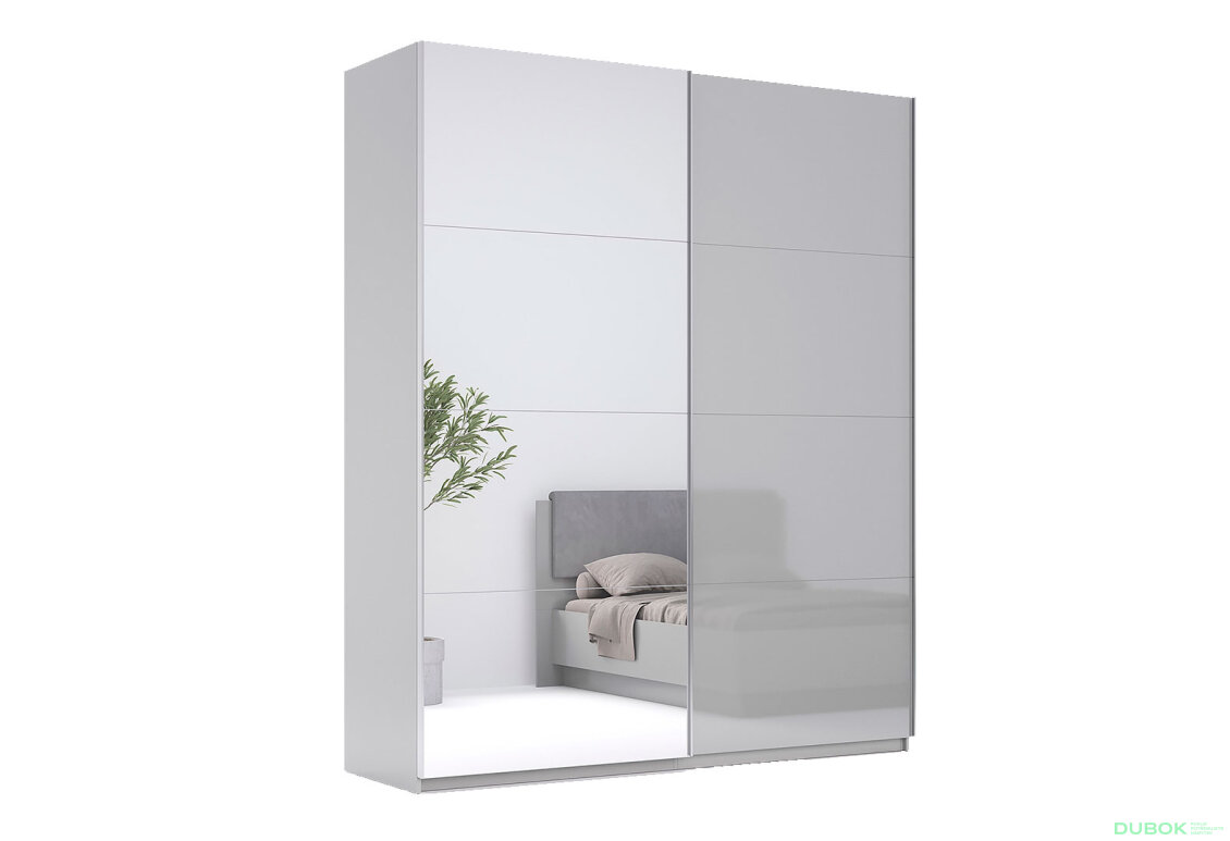 Skříň s posuvnými dveřmi 2.0x2.4 m, šedý lesk / zrcadlo Megy