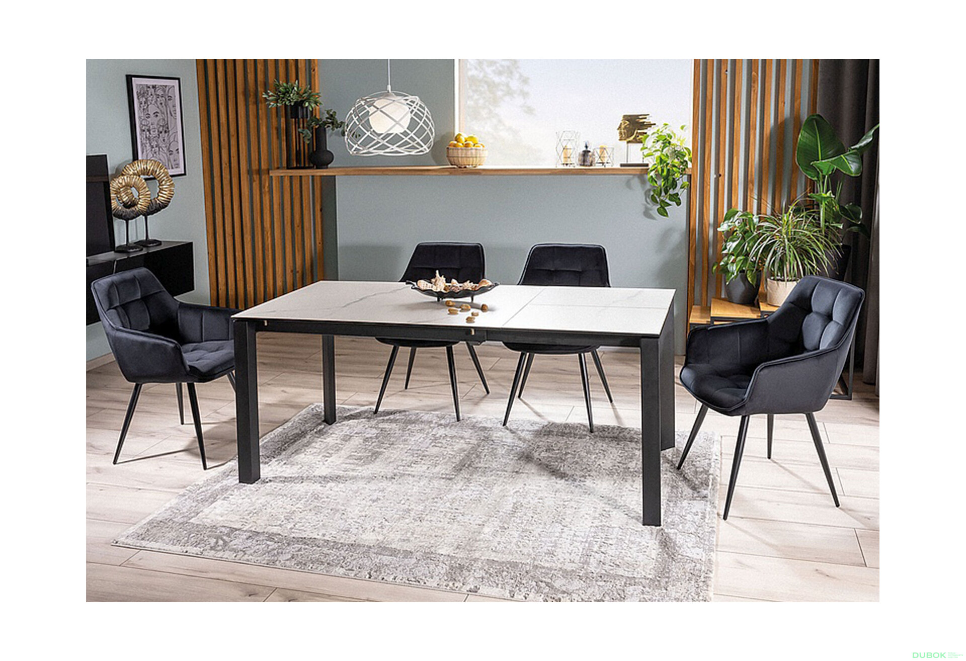 Obrázek 1 - Stůl Metropol Ceramic 120(180)x80 biały + 4 židle Lilia Velvet černý Bluvel 19 / kov černá matná