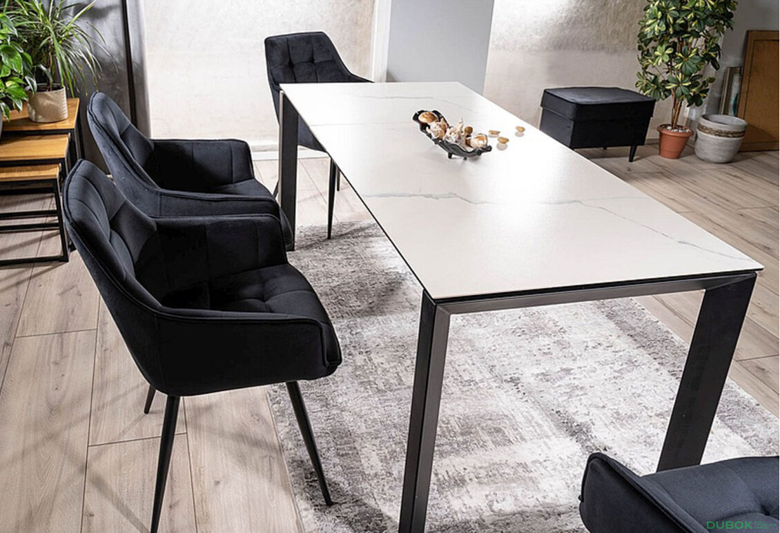 Obrázek 2 - Stůl Metropol Ceramic 120(180)x80 biały + 4 židle Lilia Velvet černý Bluvel 19 / kov černá matná