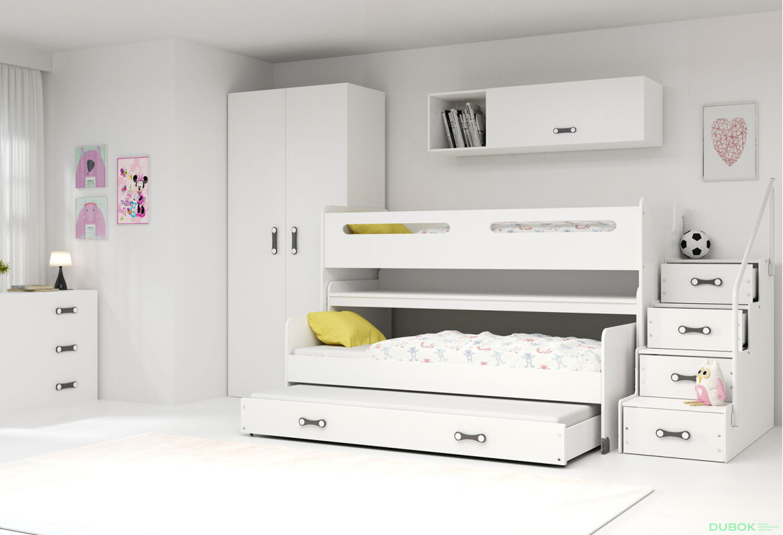 Obrázek 4 - Patrová postel Max 1 pro tři osoby bílé 80x200 cm s roštem, matrací