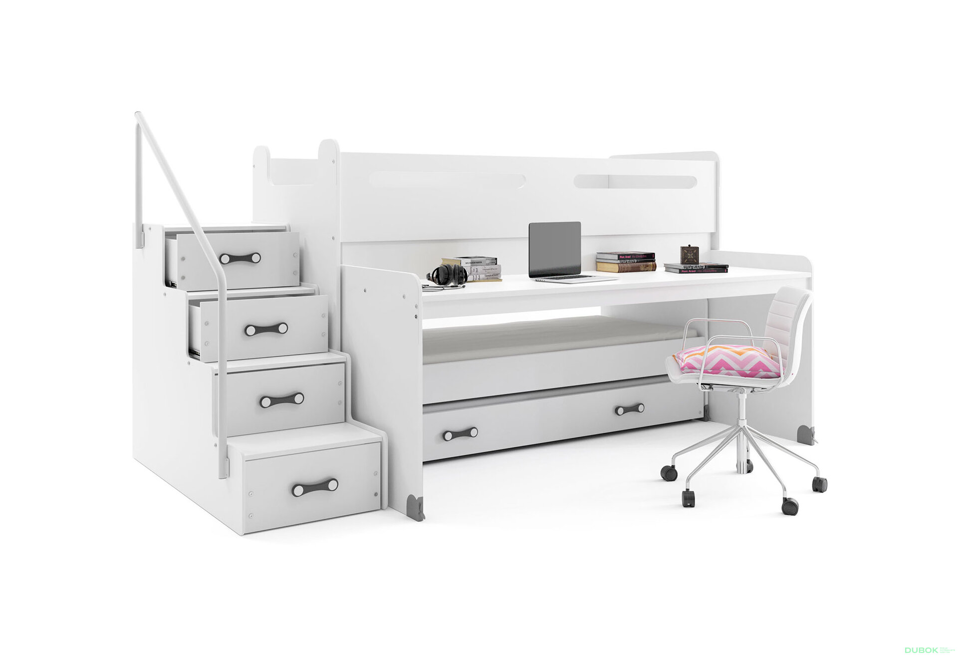 Obrázek 2 - Patrová postel Max 1 pro tři osoby bílé 80x200 cm s roštem, matrací