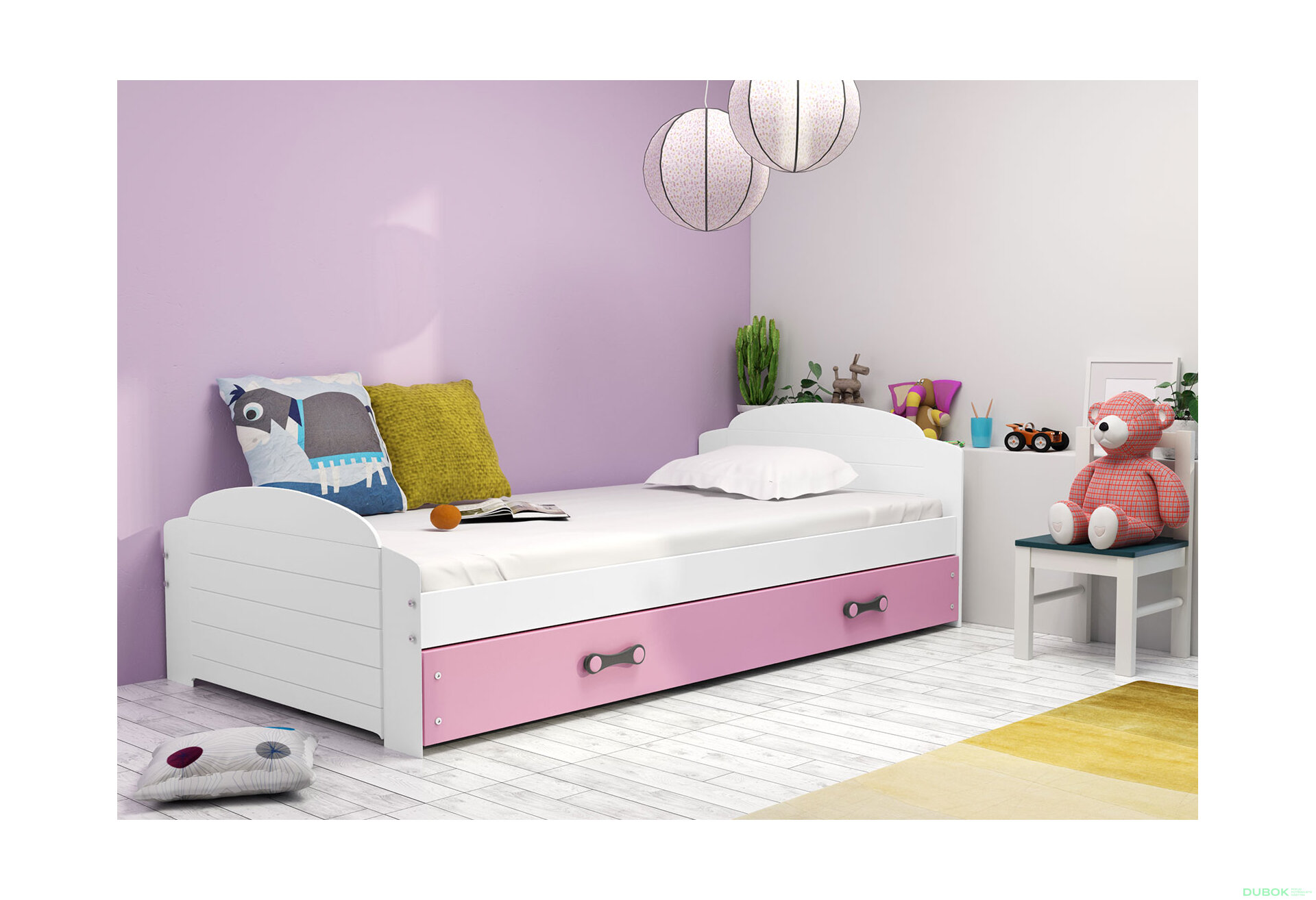 Obrázek 4 - Postel Lili bílé, zásuvka růžový 90x200 cm s roštem, matrací