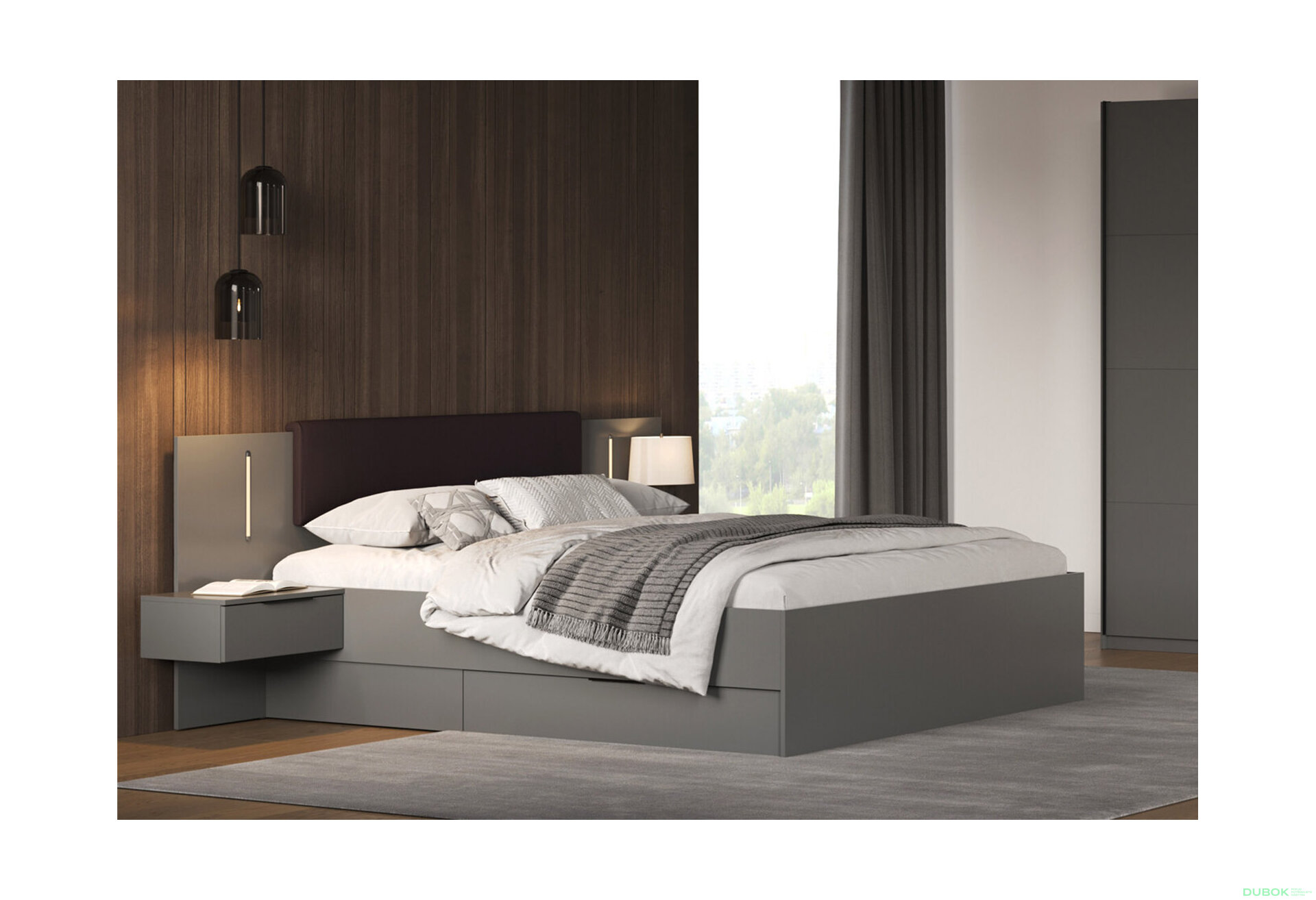 Obrázek 2 - Postel 160×200 s čalouněným čelem a zásuvkami bez roštu, grafit Doni