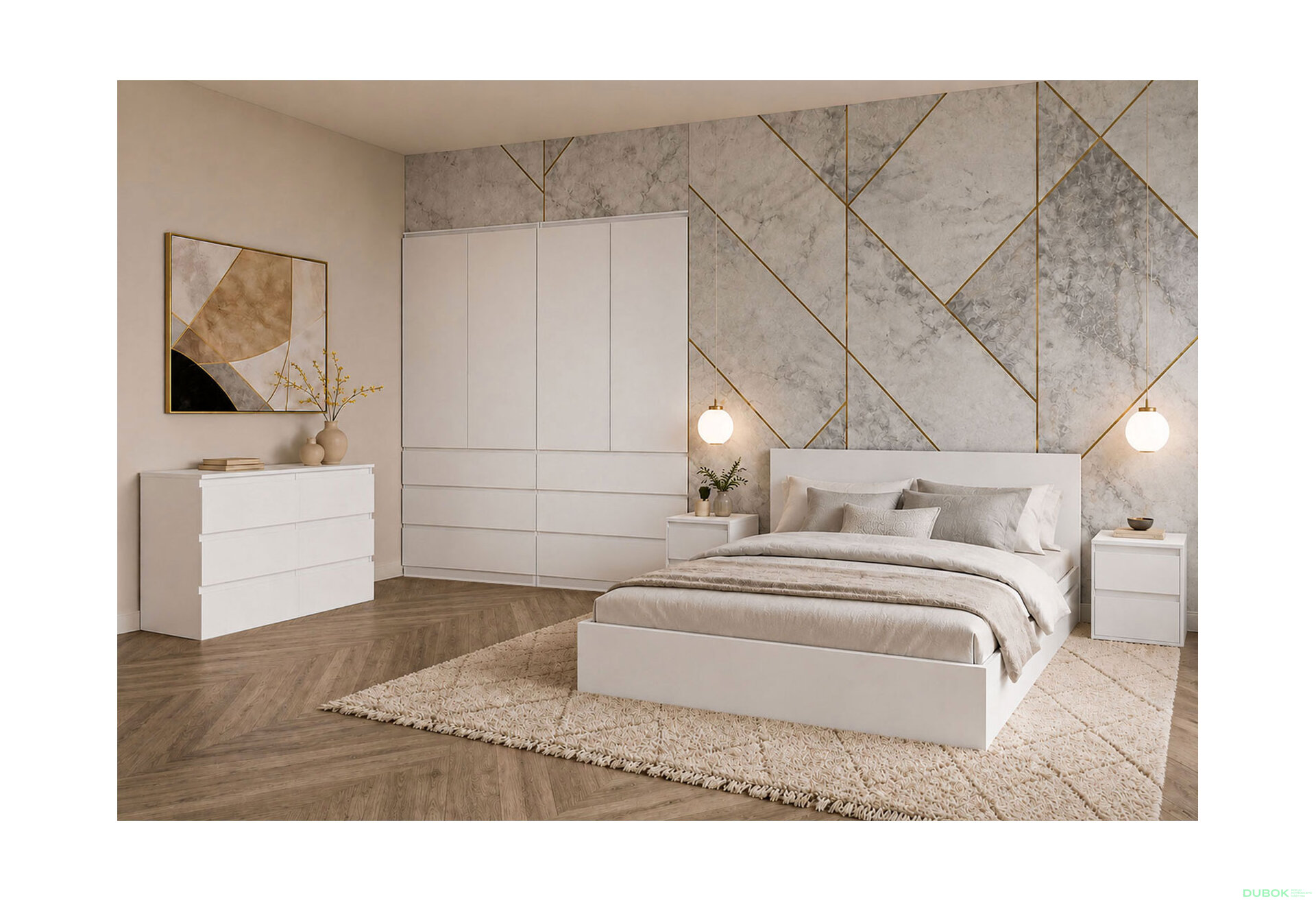 Obrázek 1 - Sestava do ložnice se šatní skříní 4D a postelí 160x200 cm se zásuvkami, nymfhea alba Idea