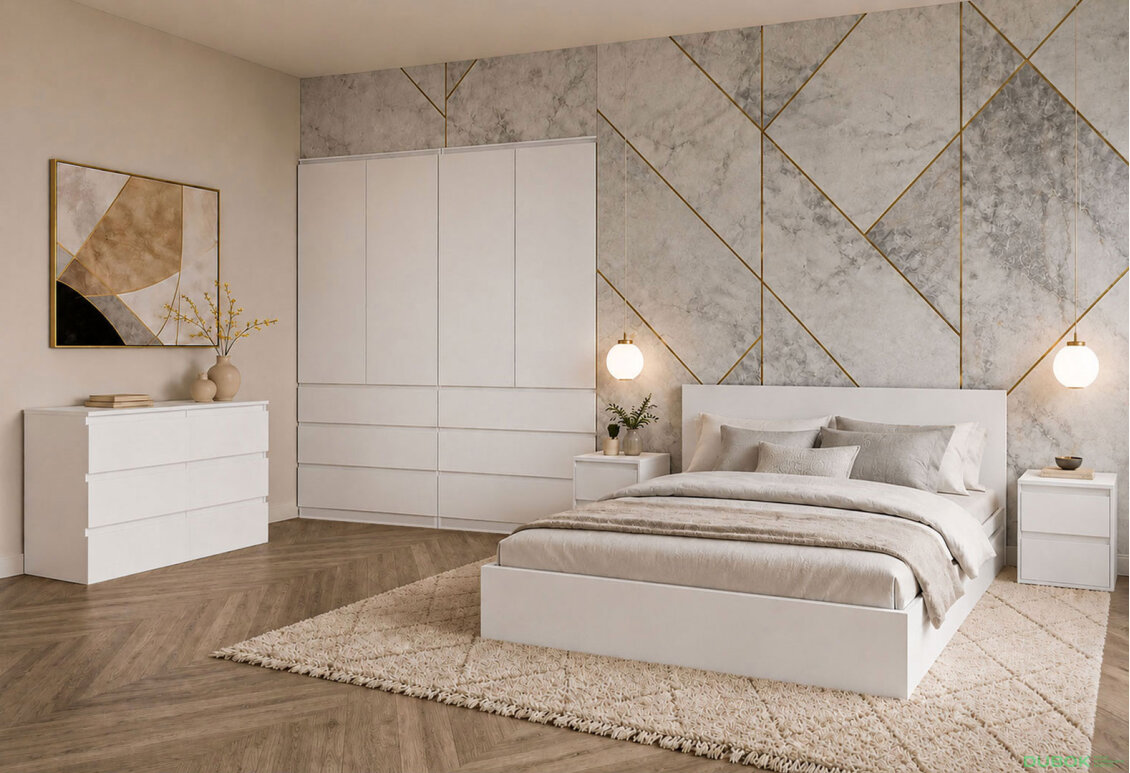 Sestava do ložnice se šatní skříní 4D a postelí 160x200 cm se zásuvkami, nymfhea alba Idea