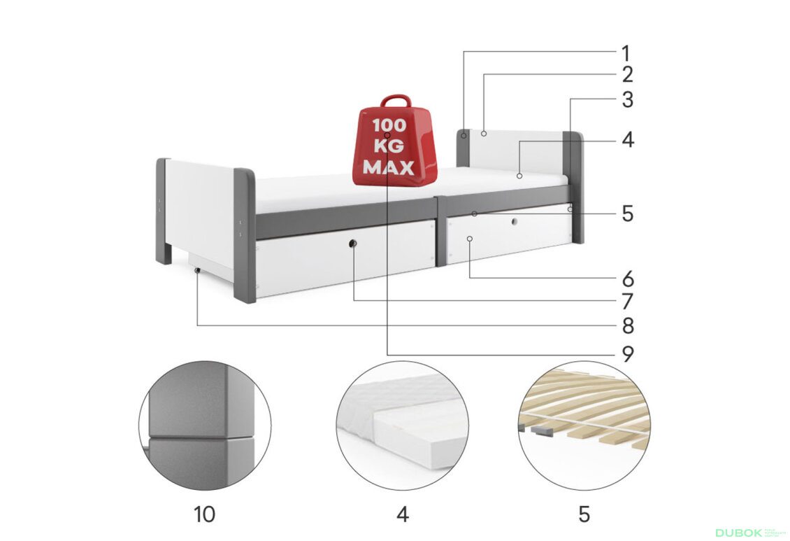 Obrázek 3 - Postel Arek grafit / bílý + zásuvka 80x200 cm s roštem, matrací