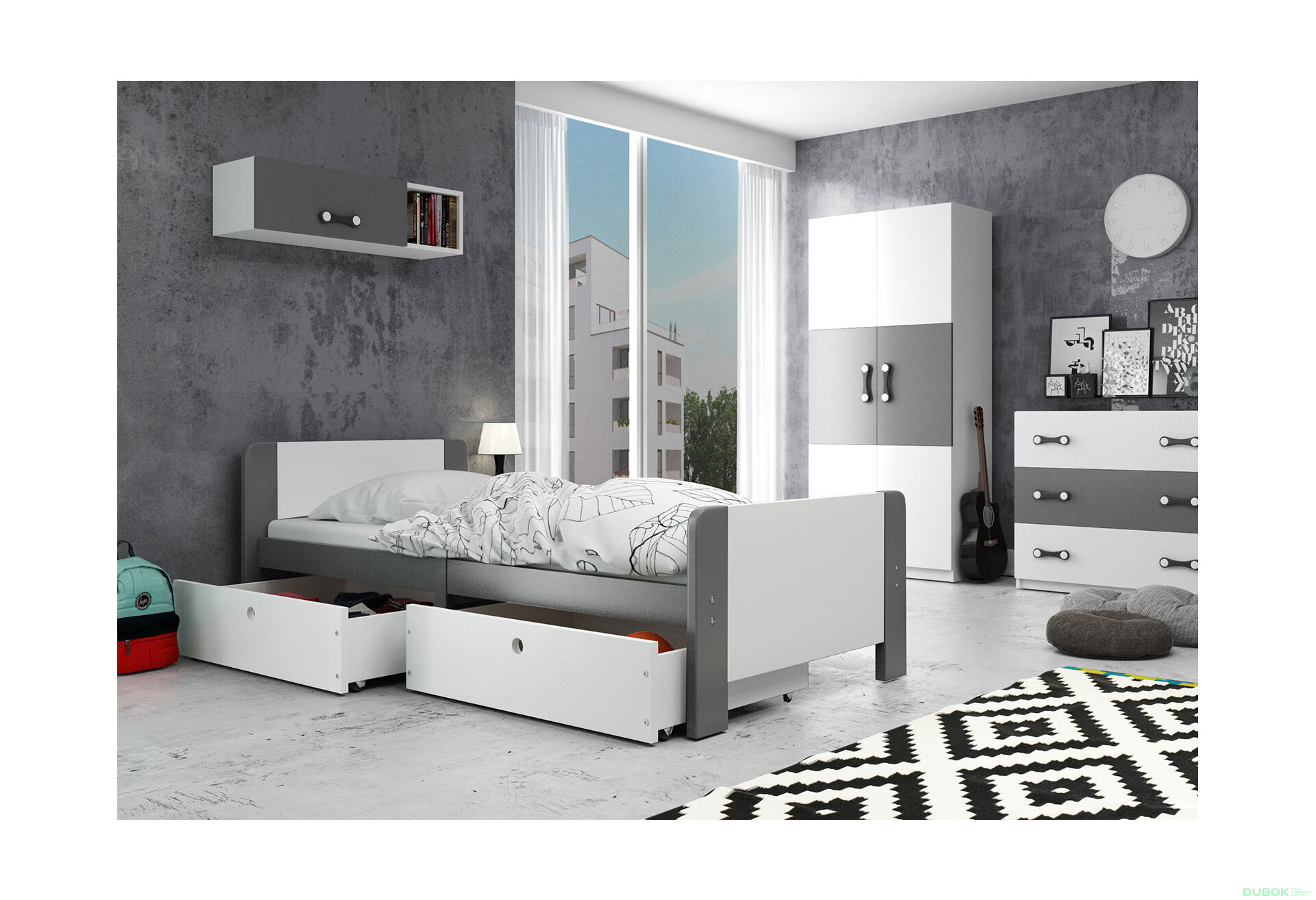 Obrázek 2 - Postel Arek grafit / bílý + zásuvka 80x200 cm s roštem, matrací