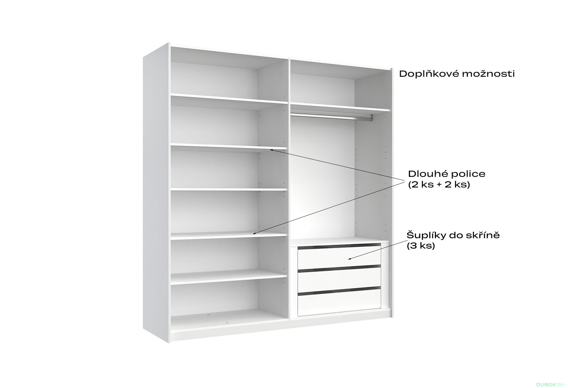 Obrázek 7 - Skříň s posuvnými dveřmi 2.0x2.1m (Dveře Lesklá Bílá/Zrcadlo), série N Family