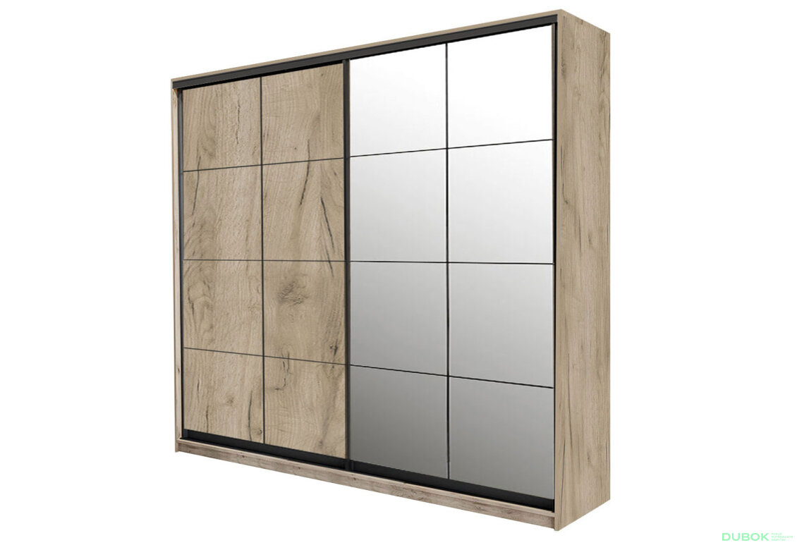 Skříň 2D W Loft 1800x600x2400, 1 DTD + 1 zrcadlo Lines BL, Dub kraft šedý