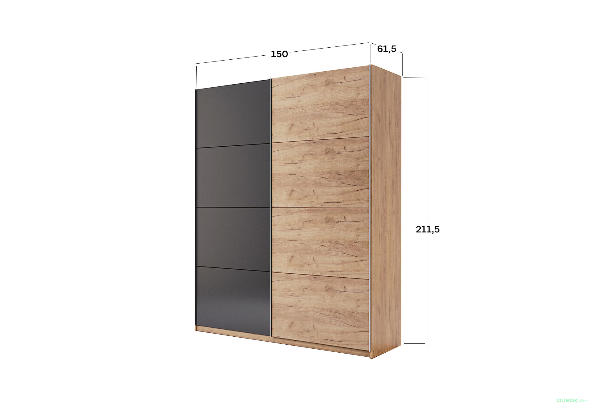 Obrázek 3 - Skříň s posuvnými dveřmi 1.5x2.1m (Dveře Dub Kraft/Mat Láva), série N Luna