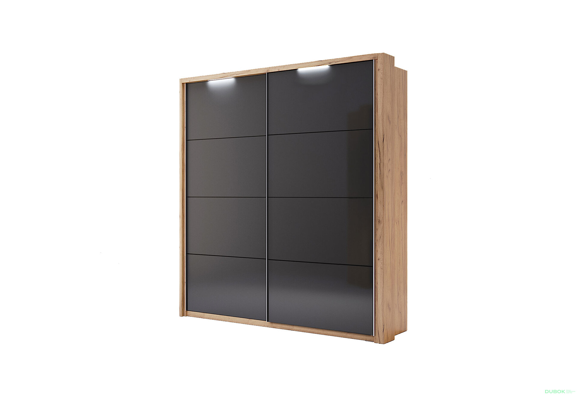 Obrázek 2 - Záclonová tyč s osvětlením ke skříni s posuvnými dveřmi 2,0x2,1 m, Lava / dub kraft Luna