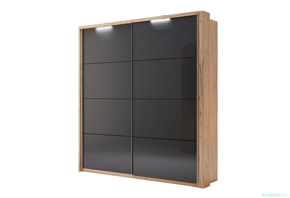 Obrázek 2 - Záclonová tyč s osvětlením ke skříni s posuvnými dveřmi 2,0x2,1 m, Lava / dub kraft Luna
