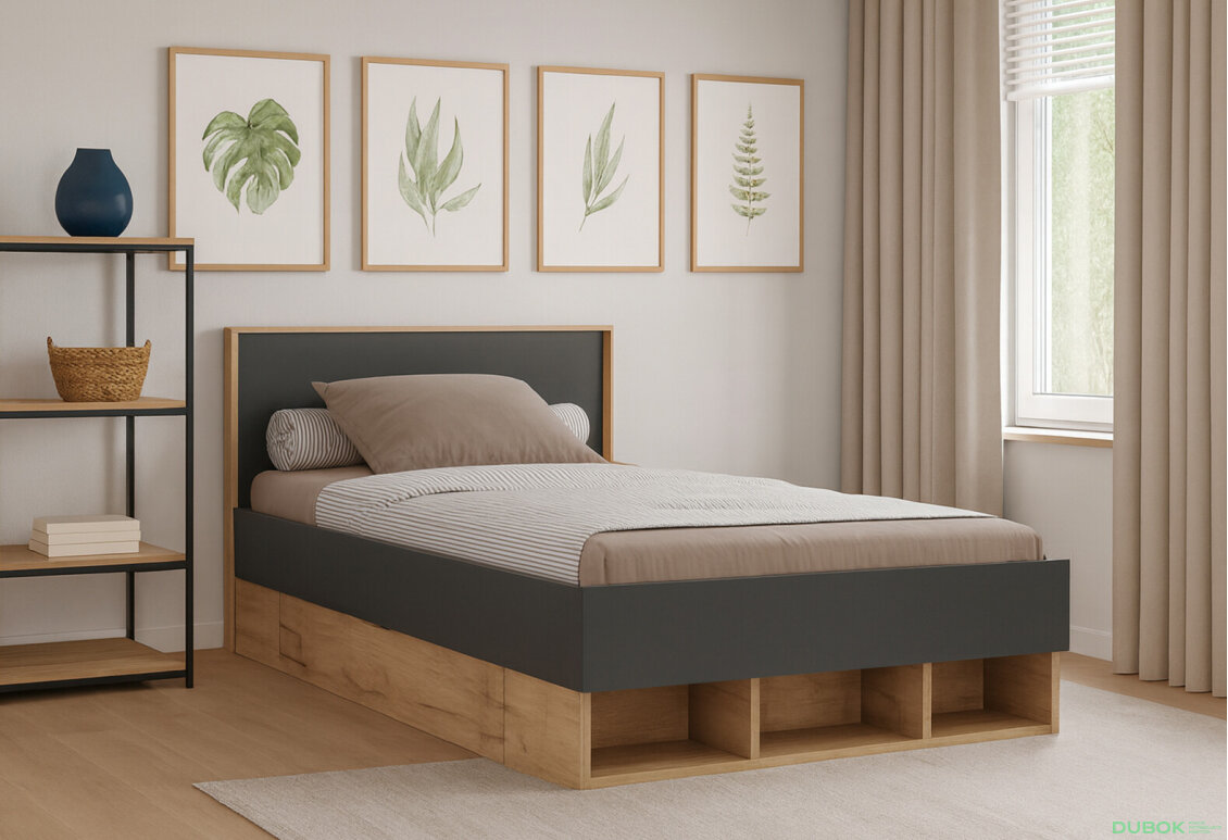 Obrázek 2 - Postel Junior 1,2x2,0 s šuplíky Lava / dub kraft Luna