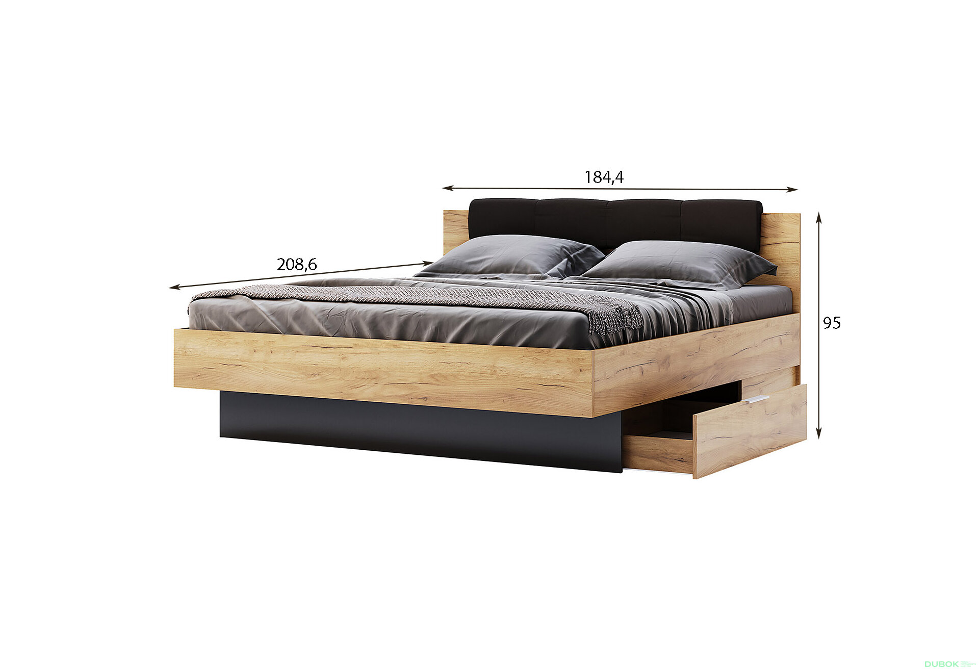 Obrázek 3 - Postel 180x200, čalouněné čelo se šuplíky (bez rámu) Lava / dub kraft Luna