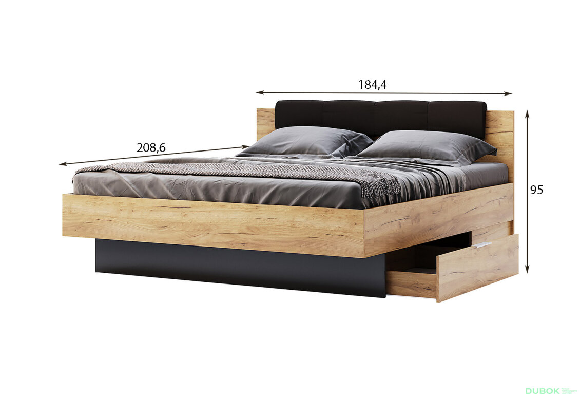 Obrázek 3 - Postel 180x200, čalouněné čelo se šuplíky (bez rámu) Lava / dub kraft Luna