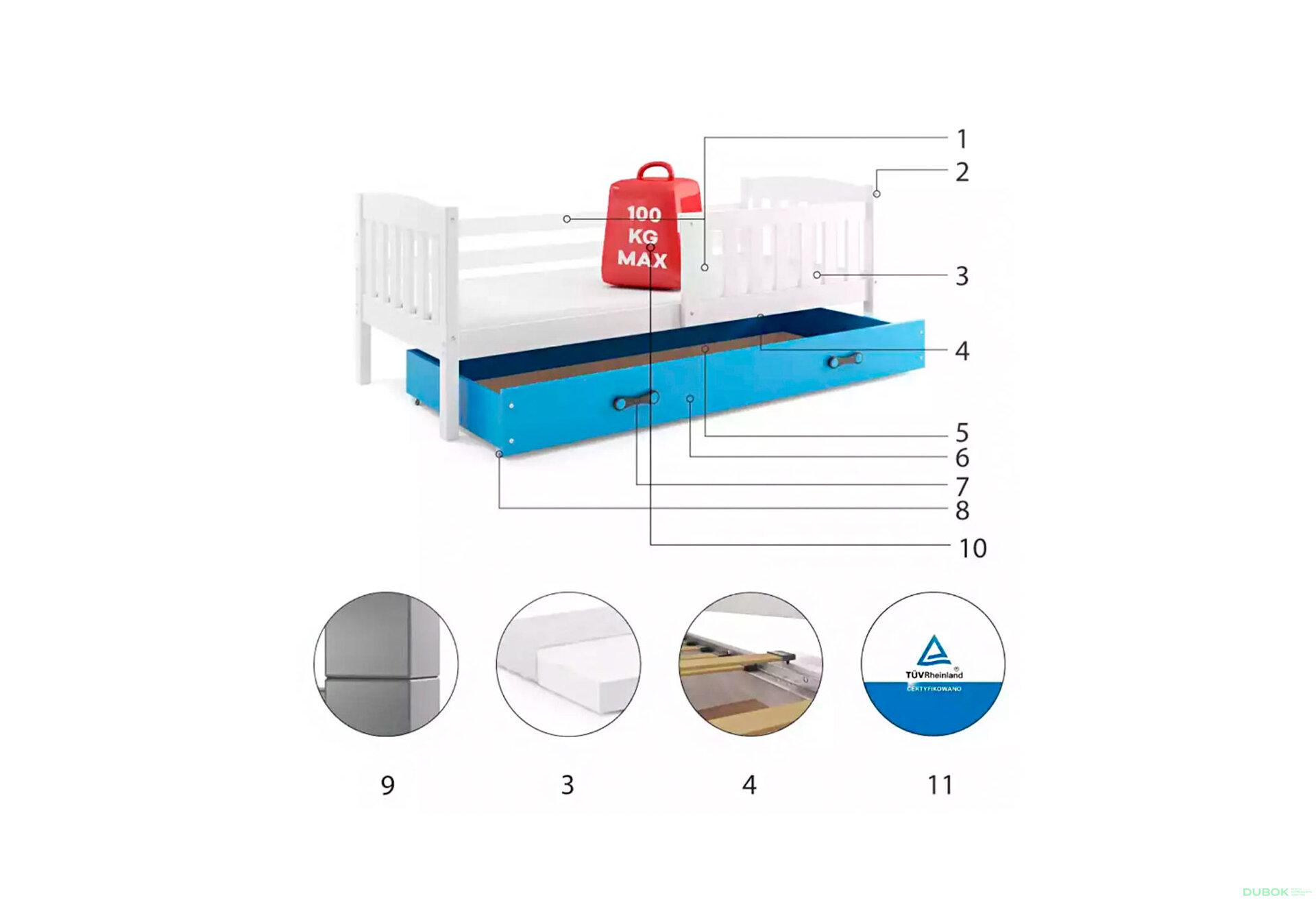 Obrázek 4 - Postel Kubus bílé, zásuvka růžová 80x160 cm s roštem, matrací