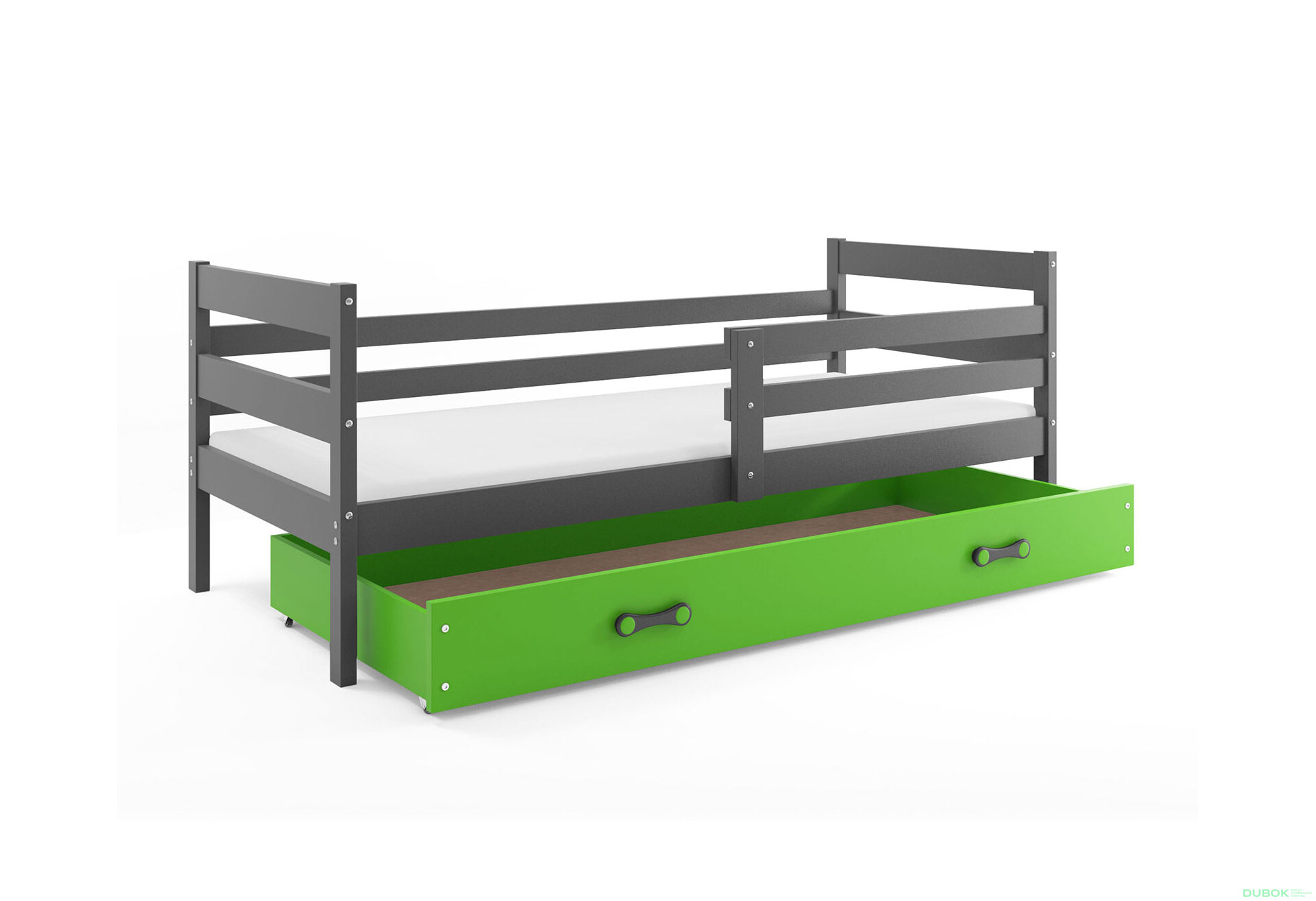 Obrázek 2 - Postel Eryk grafit, zásuvka zelený 90x200 cm s roštem, matrací