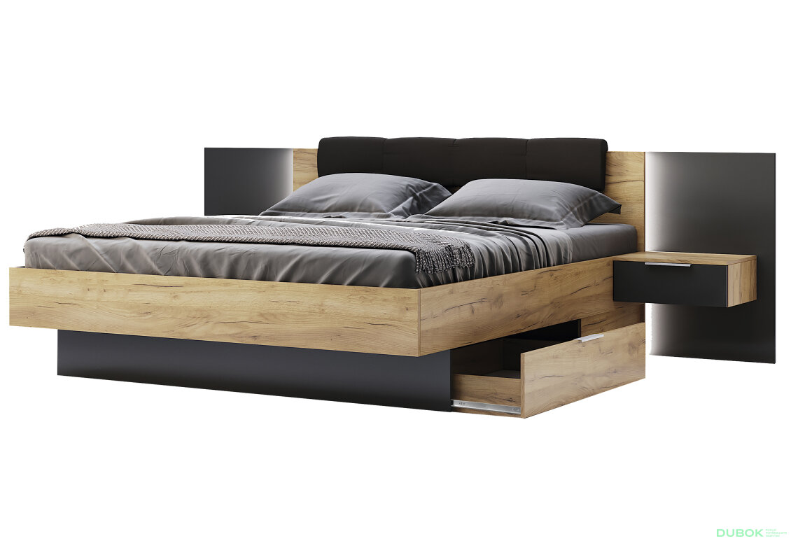 Sada Postel 180x200, měkké čelo, s nočními stolky (bez rámu) Lava / dub kraft Luna