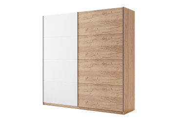 Skříň s posuvnými dveřmi 2.0x2.1 m (Dveře Dub Kraft/Lesklá Bílá) série N Asti