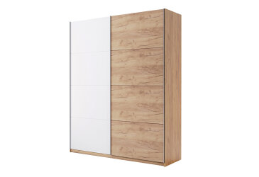 Skříň s posuvnými dveřmi 1,5x2,1m (Dveře Dub Kraft/Lesklá Bílá) série N Asti