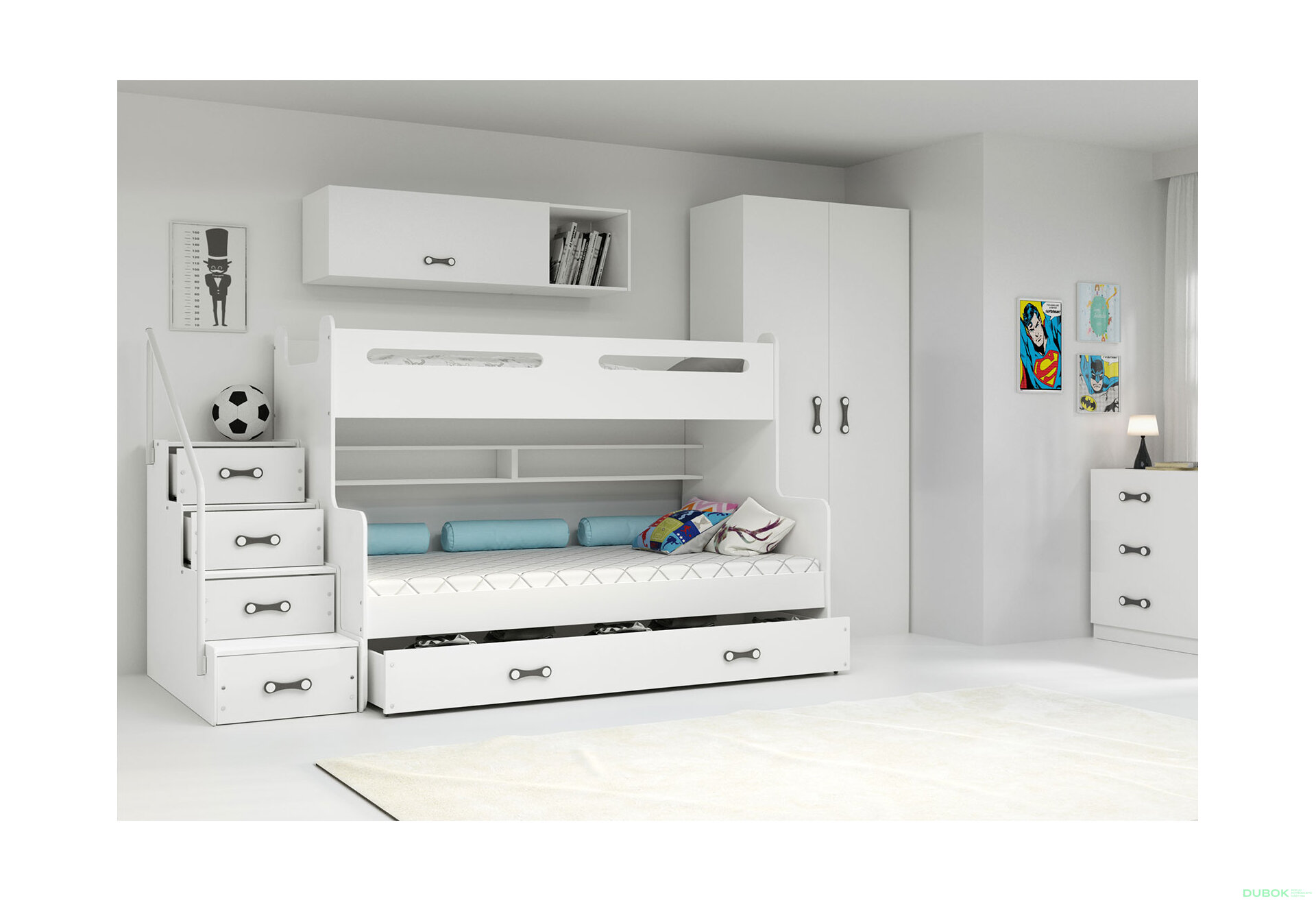 Obrázek 3 - Patrová postel Max 3 bílé 80x200 / 120x200 + zásuvka, s roštem, matrací