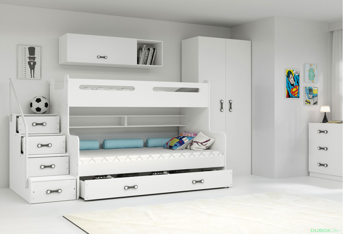 Obrázek 3 - Patrová postel Max 3 bílé 80x200 / 120x200 + zásuvka, s roštem, matrací