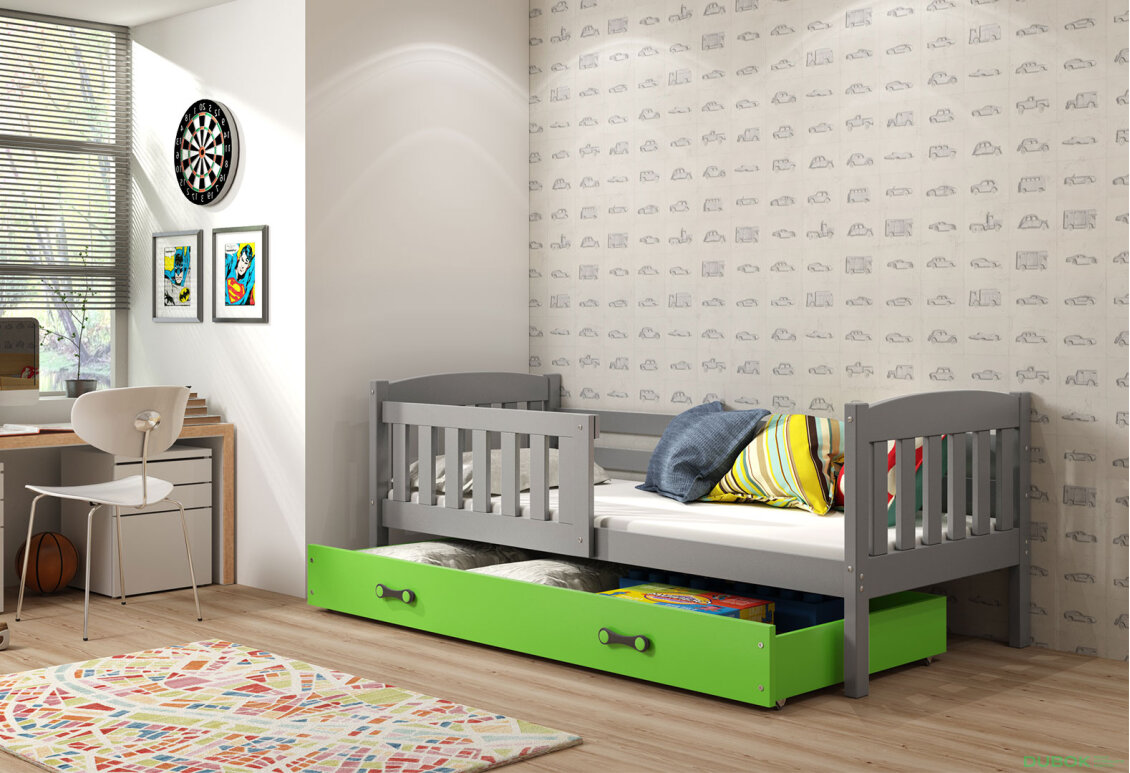 Obrázek 3 - Postel Kubus grafit, zásuvka zelená 90x200 cm s roštem, matrací