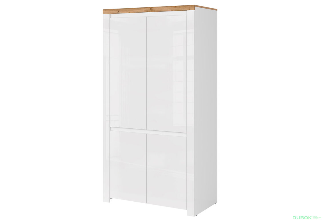 Skříň čtyřdveřová Vigo 106x202x56 cm Bílý lesk / Dub wotan