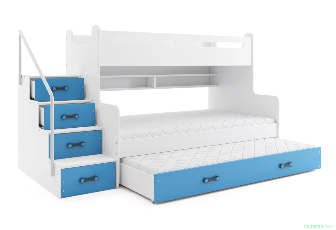 Patrová postel Max 3 pro tři osoby bílé / modrý 80x200 / 120x200 / 80x190, s roštem, matrací