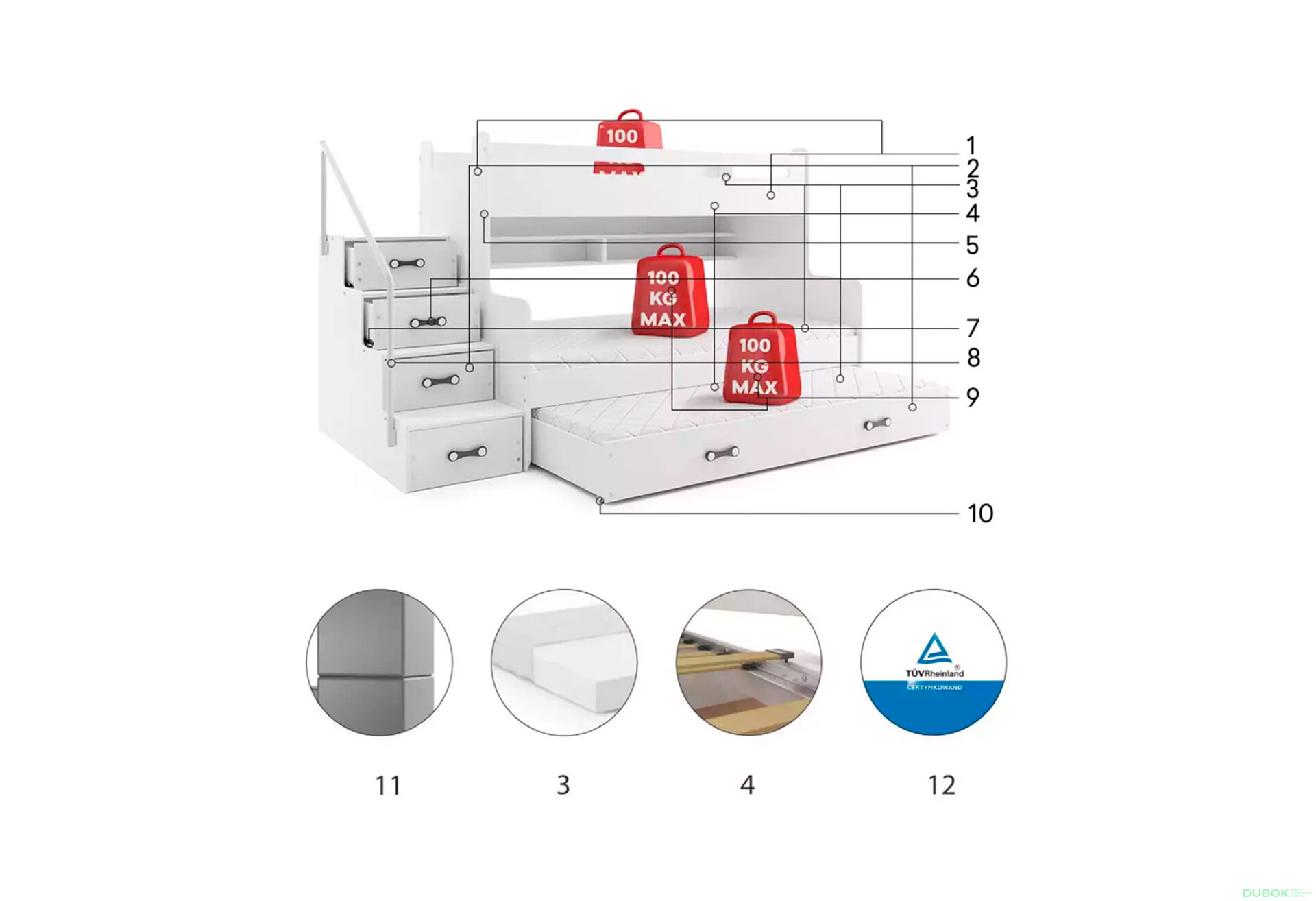 Obrázek 5 - Patrová postel Max 3 pro tři osoby bílé / modrý 80x200 / 120x200 / 80x190, s roštem, matrací