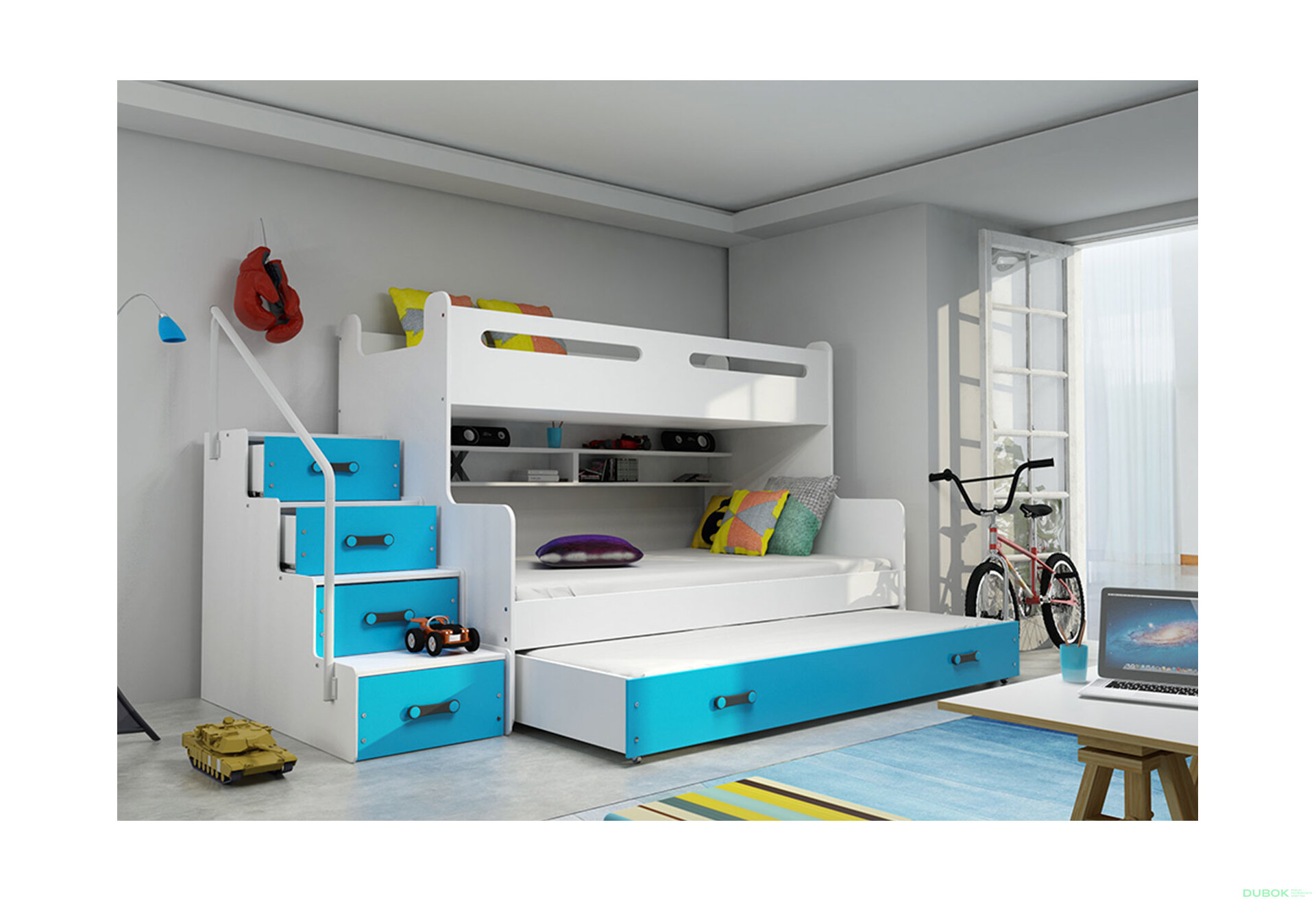 Obrázek 3 - Patrová postel Max 3 pro tři osoby bílé / modrý 80x200 / 120x200 / 80x190, s roštem, matrací