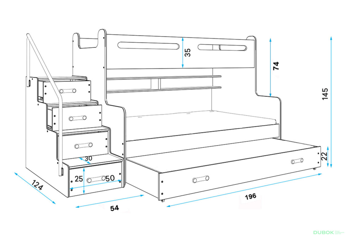 Obrázek 4 - Patrová postel Max 3 pro tři osoby bílé / modrý 80x200 / 120x200 / 80x190, s roštem, matrací