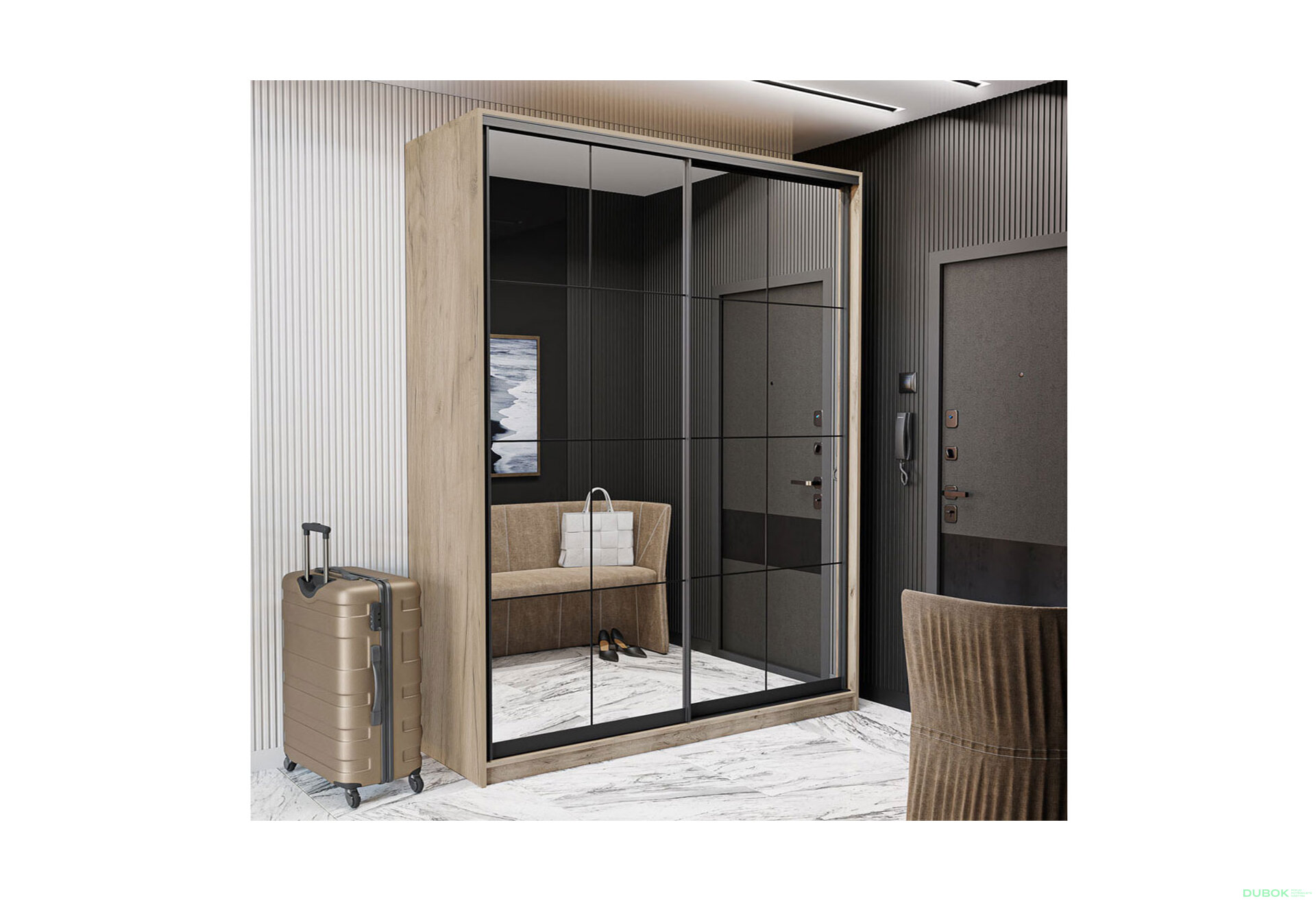Obrázek 3 - Skříň 2D Loft 1500x600x2400, 2 zrcadla Lines BL, Dub kraft šedý