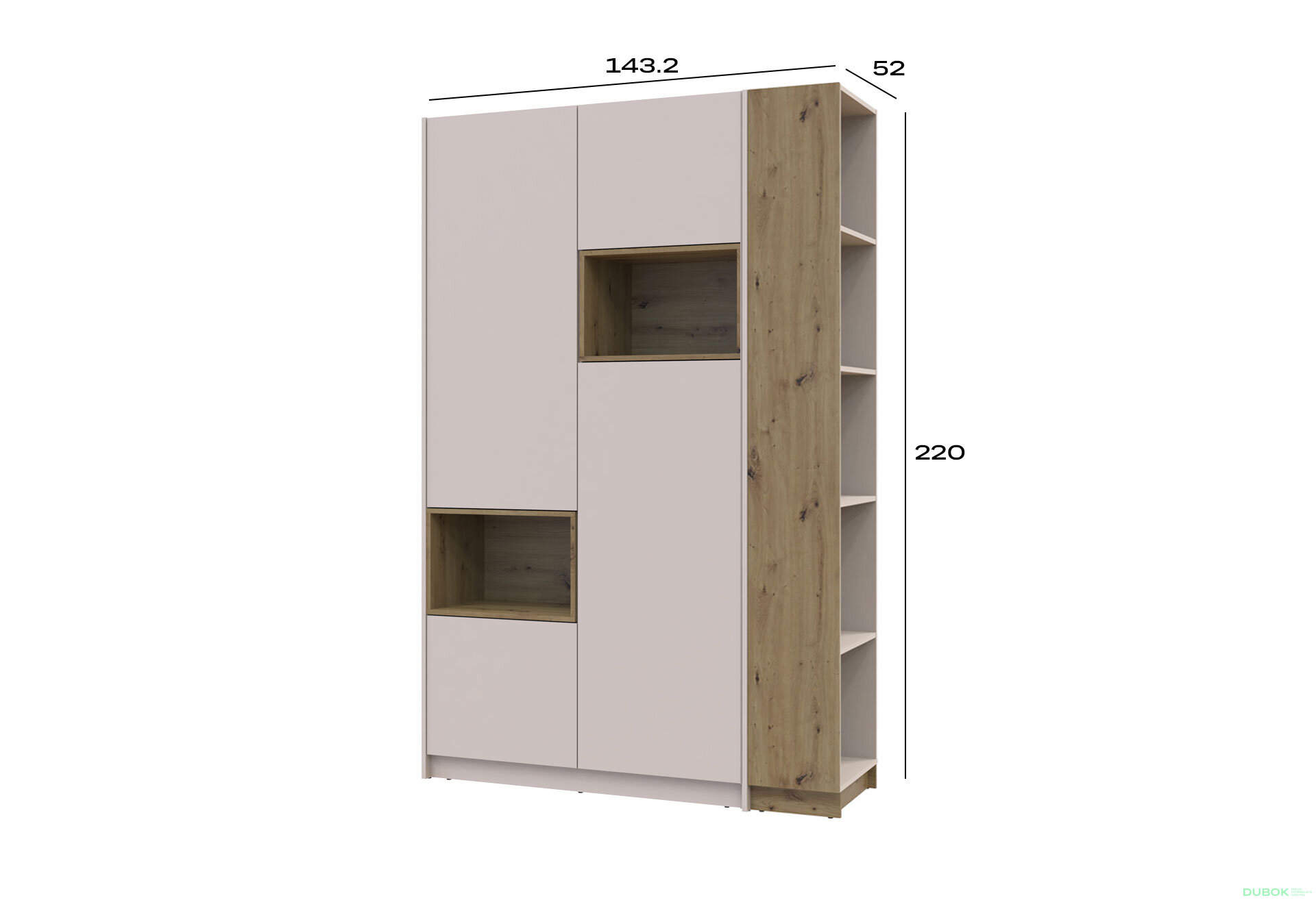 Obrázek 9 - Skříň s výklenkem Dale 2d + otevřený regál 167 cm, kašmír / dub artisan / kašmír