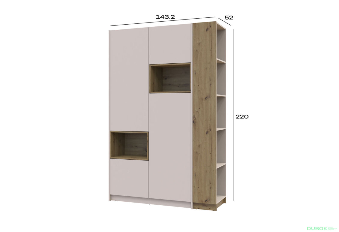 Obrázek 9 - Skříň s výklenkem Dale 2d + otevřený regál 167 cm, kašmír / dub artisan / kašmír