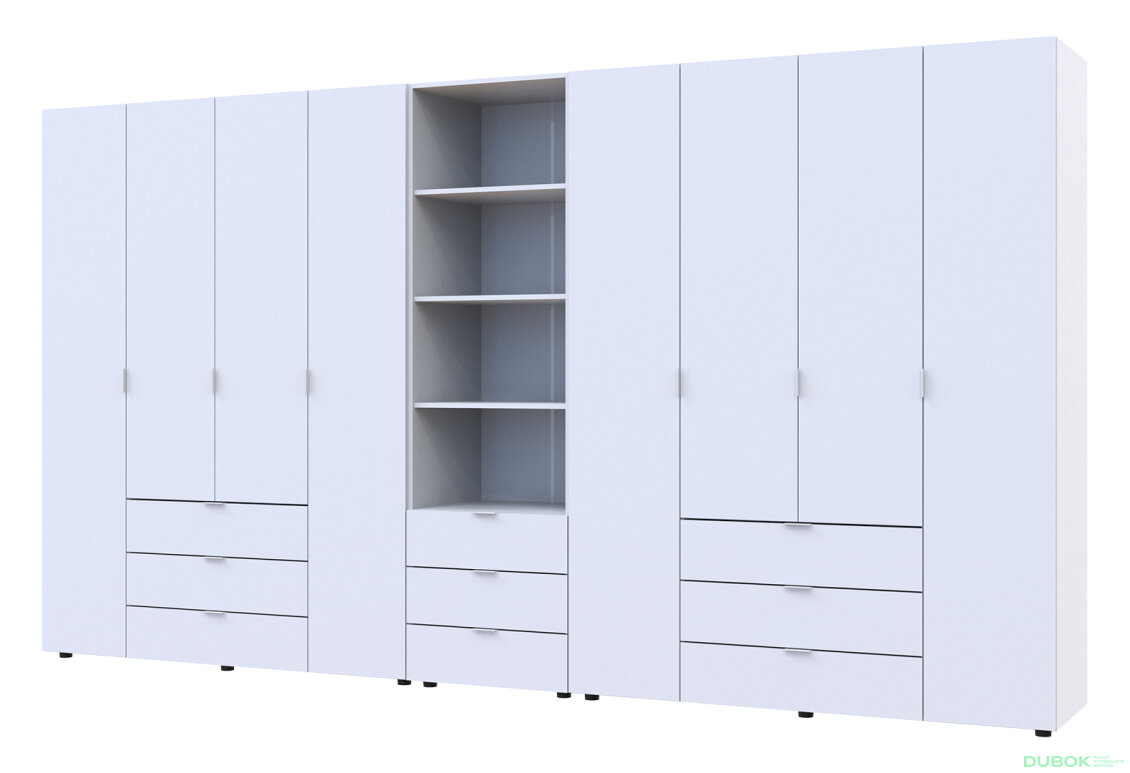 Skříň osmidveřová s regálem se zásuvkami Gelar 370 cm bílý