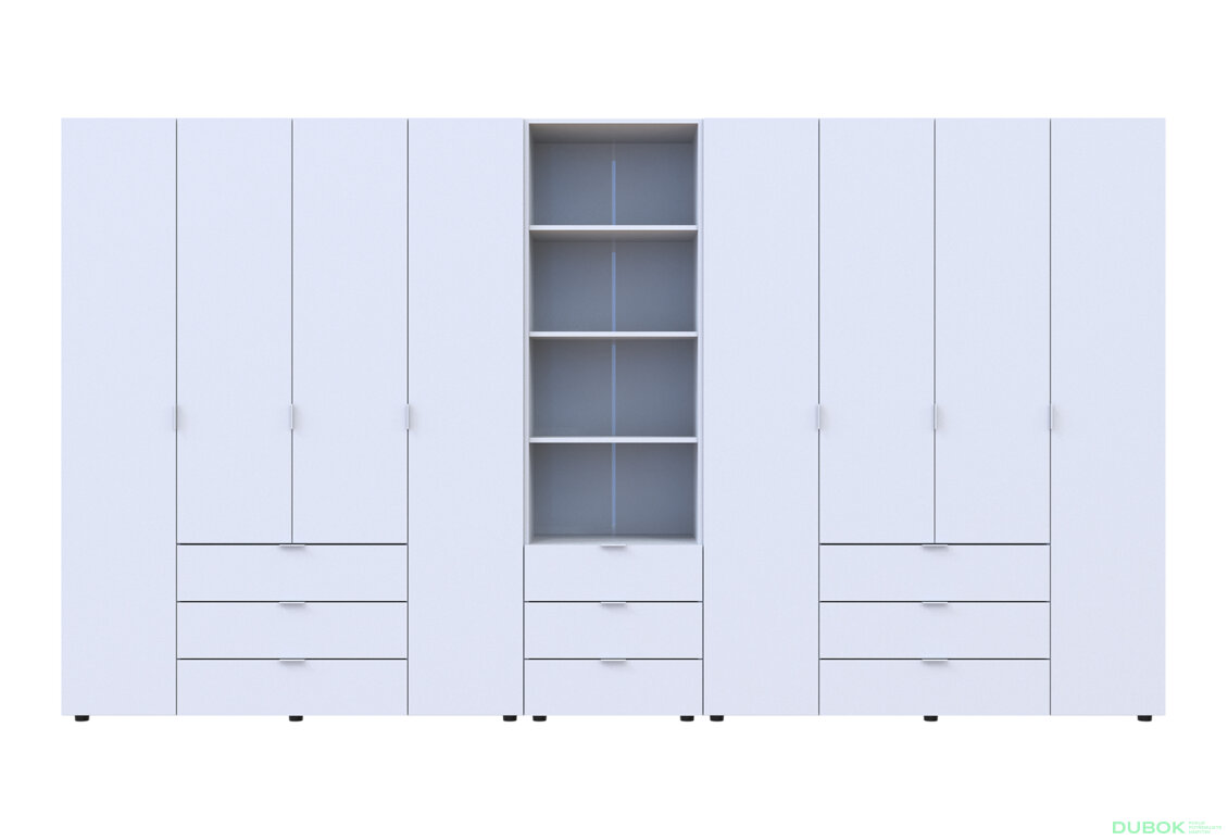 Obrázek 3 - Skříň osmidveřová s regálem se zásuvkami Gelar 370 cm bílý