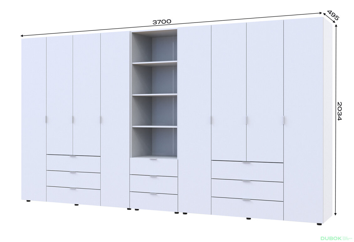 Obrázek 7 - Skříň osmidveřová s regálem se zásuvkami Gelar 370 cm bílý