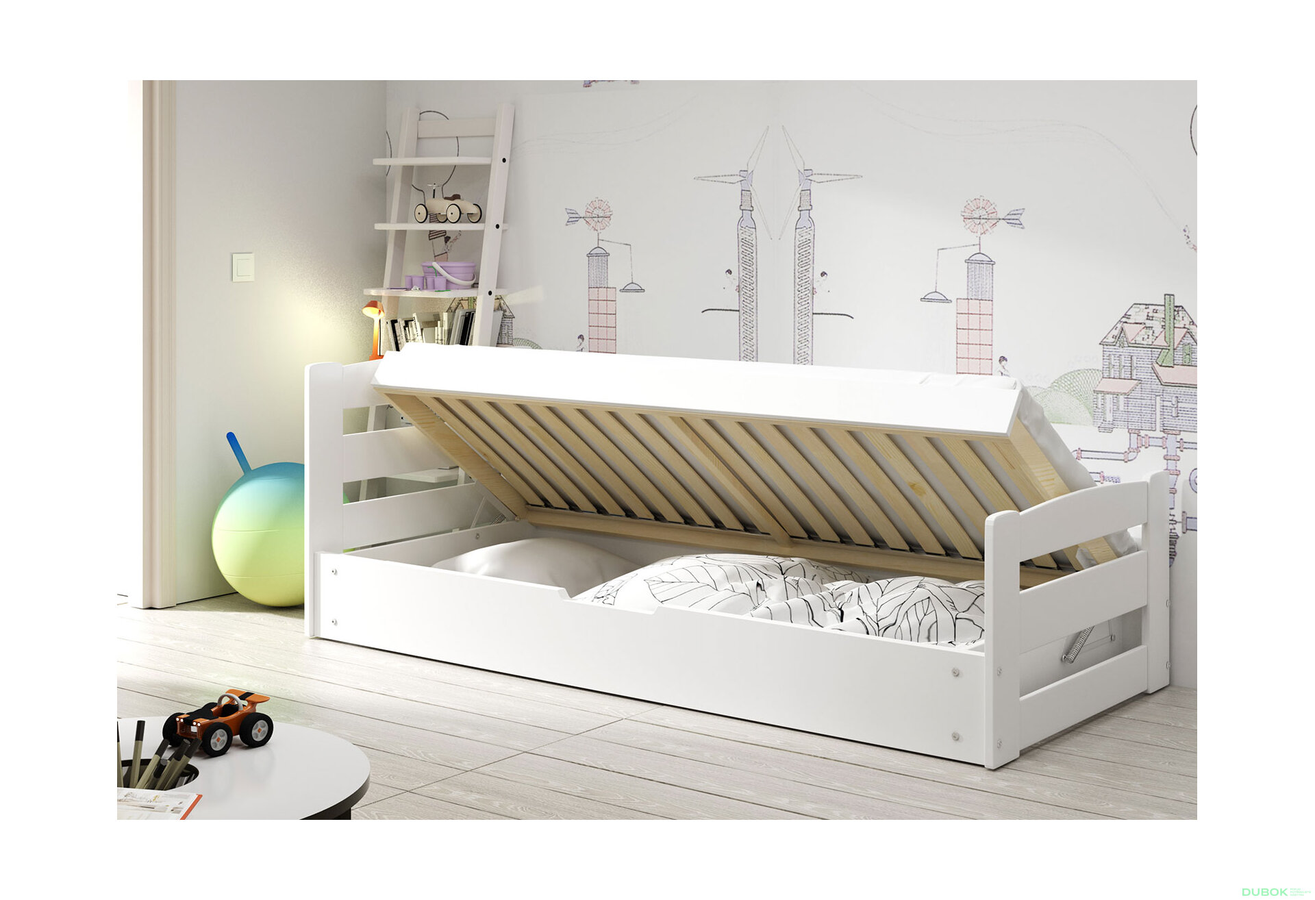 Obrázek 4 - Postel Erni bílé 90x200 cm s roštem, úložným prostorem, s matrací