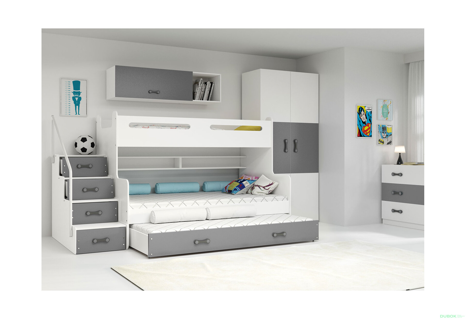 Obrázek 2 - Patrová postel Max 3 pro tři osoby bílé / grafitt 80x200 / 120x200 / 80x190, s roštem, matrací